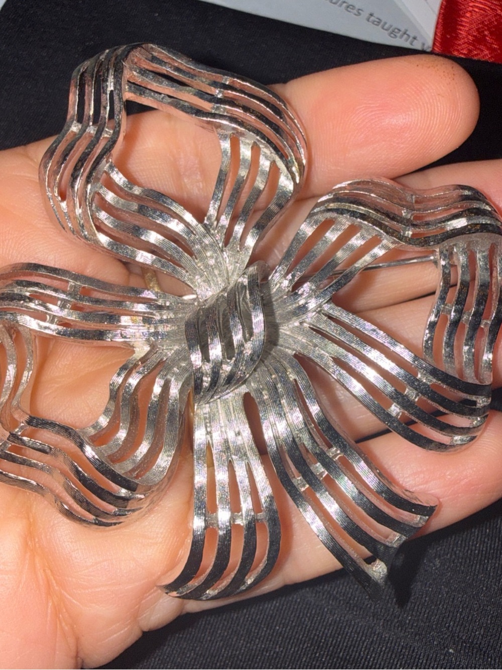 Monet Silver-Tone Ribbon Flower Brooch Bow signed vintage